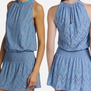 Ramy Brook Metallic Lurex Paris Sleeveless Dress Ocean Blue Chevron